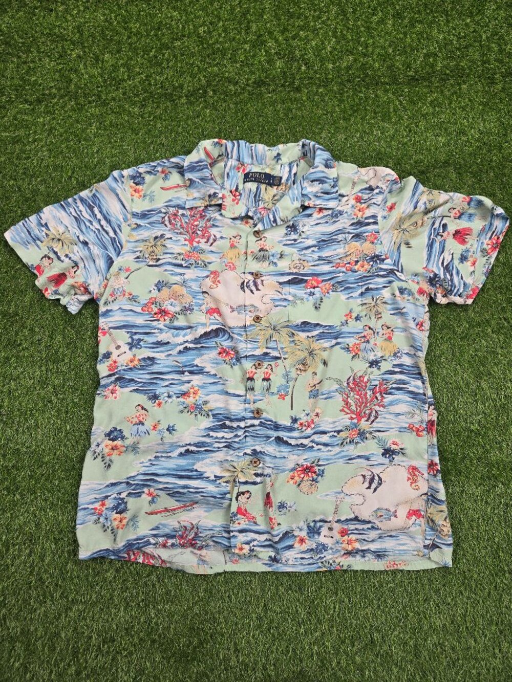 Polo Ralph Lauren Shirt Mens Large Hawaiian Hula Girl Camp Loop Collar Tropical